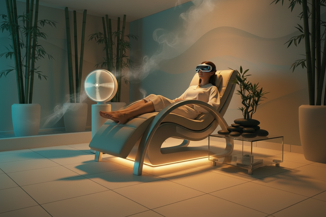 add a woman using an eye massager