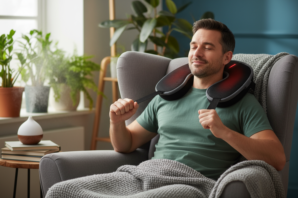 creat an image of a man using a back massager