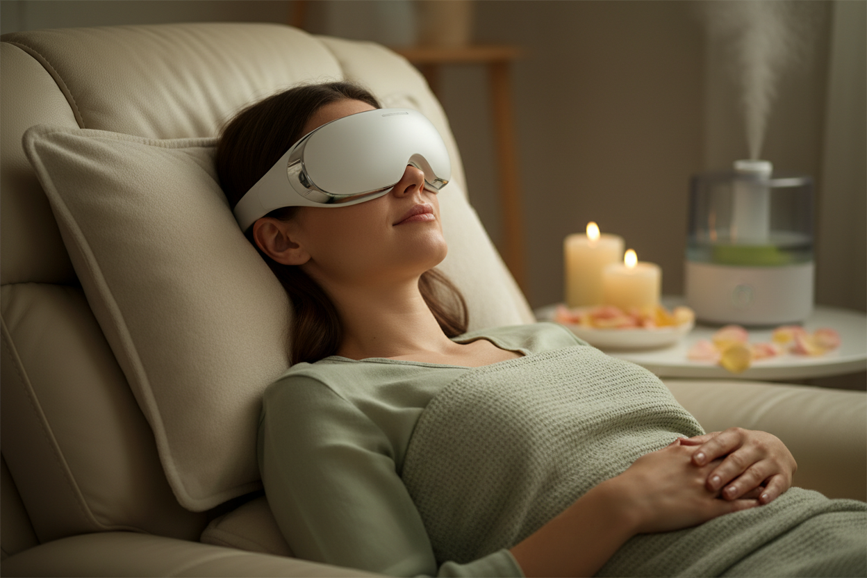 create an image of a woman laying back using an eye massager